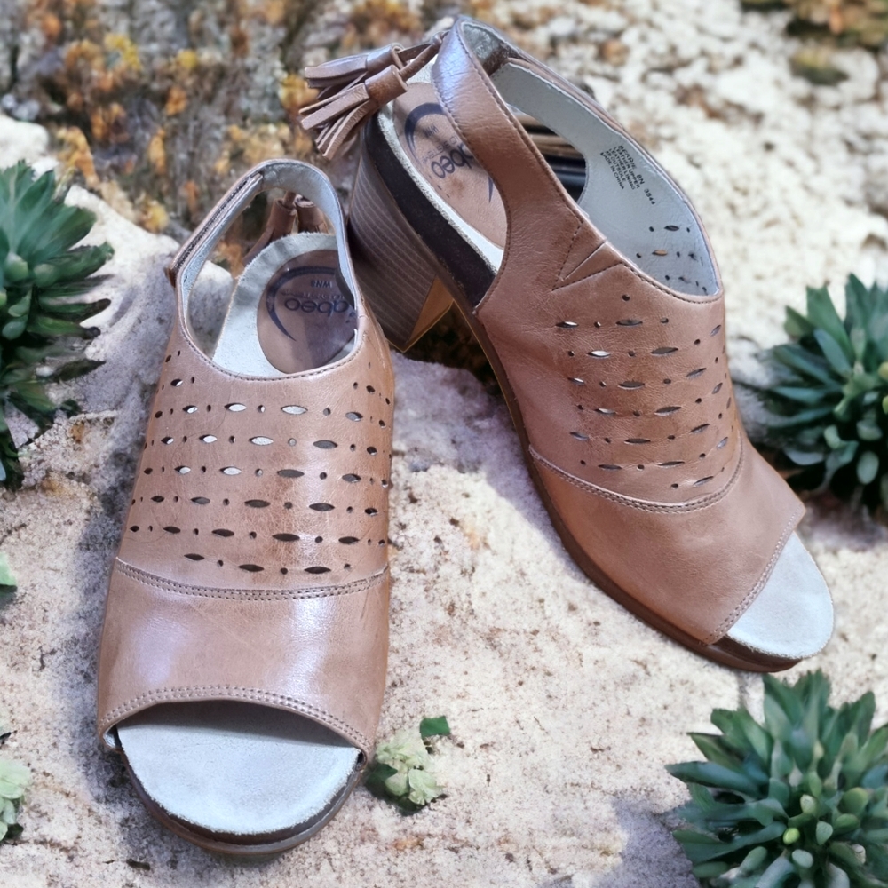 Abeo Bio System Leather Tan Heeled Sandals with Tassels
